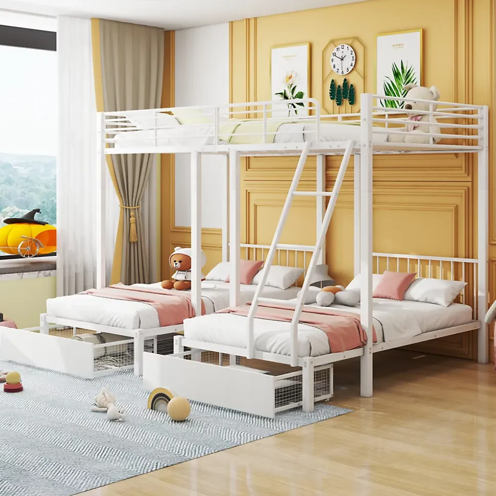 Lit superposé triple, cadre de lit métallique, 140x200cm et 2 lit 90x200cm, avec échelle et 2 tiroirs, sommier inclus, blanc