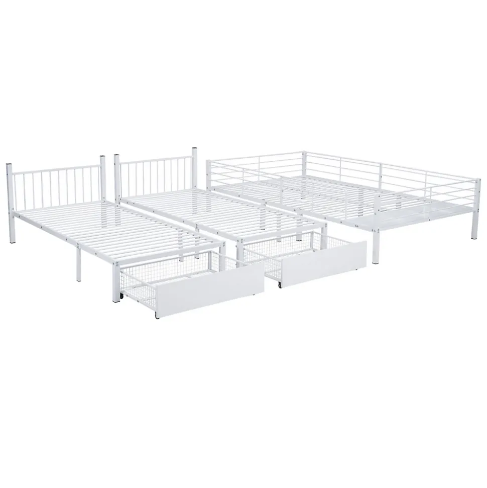 Lit superposé triple, cadre de lit métallique, 140x200cm et 2 lit 90x200cm, avec échelle et 2 tiroirs, sommier inclus, blanc