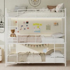 Lit Superposé Triple 90x190 cm - avec Échelle Intégrée et Garde-Corps, Structure en Métal, pour Enfant Ado, sans Matelas, Blanc