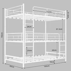 Lit Superposé Triple 90x190 cm - avec Échelle Intégrée et Garde-Corps, Structure en Métal, pour Enfant Ado, sans Matelas, Blanc