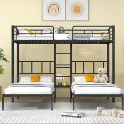 Lit superposé triple 90x200 cm en métal avec échelle intégrée et tablette tête de lit, chambre enfant