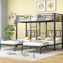 Lit superposé triple 90x200 cm en métal avec échelle intégrée et tablette tête de lit, chambre enfant