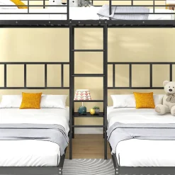 Lit superposé triple 90x200 cm en métal avec échelle intégrée et tablette tête de lit, chambre enfant