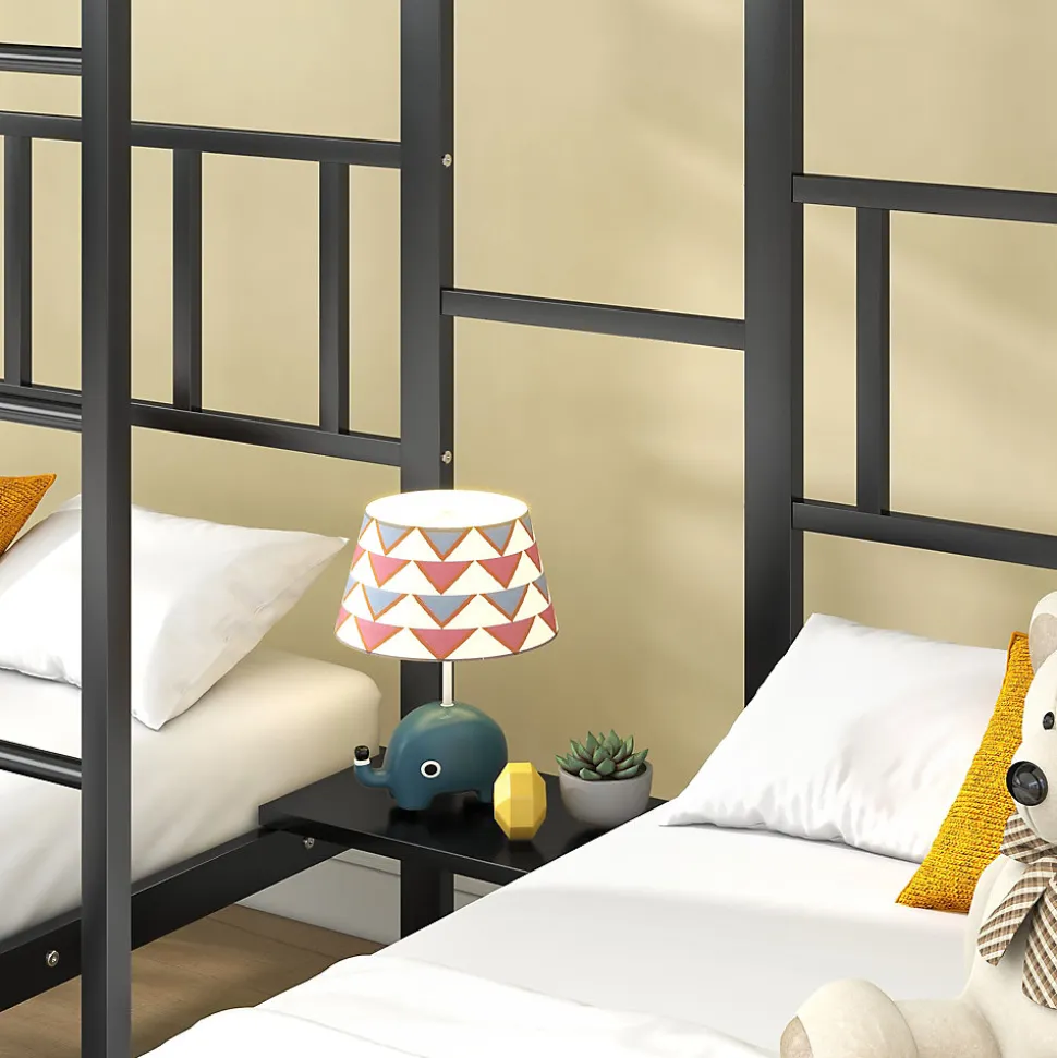 Lit superposé triple 90x200 cm en métal avec échelle intégrée et tablette tête de lit, chambre enfant