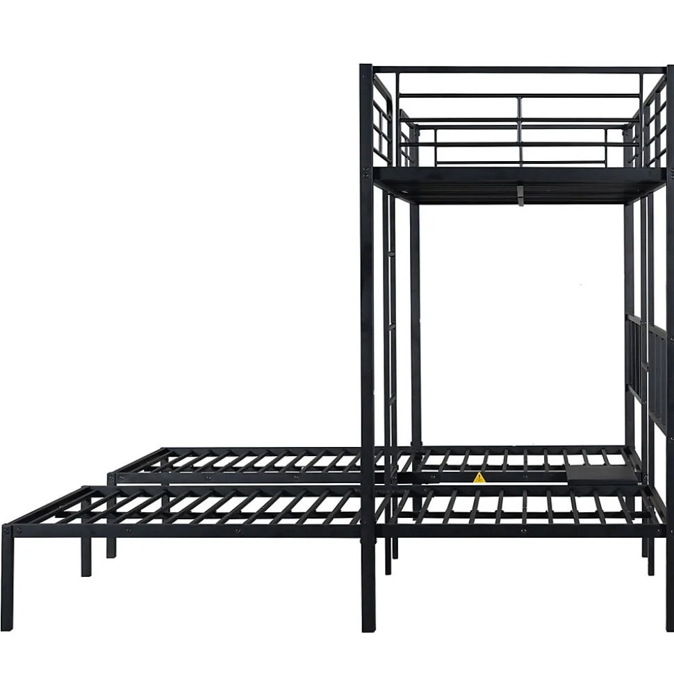 Lit superposé triple 90x200 cm en métal avec échelle intégrée et tablette tête de lit, chambre enfant