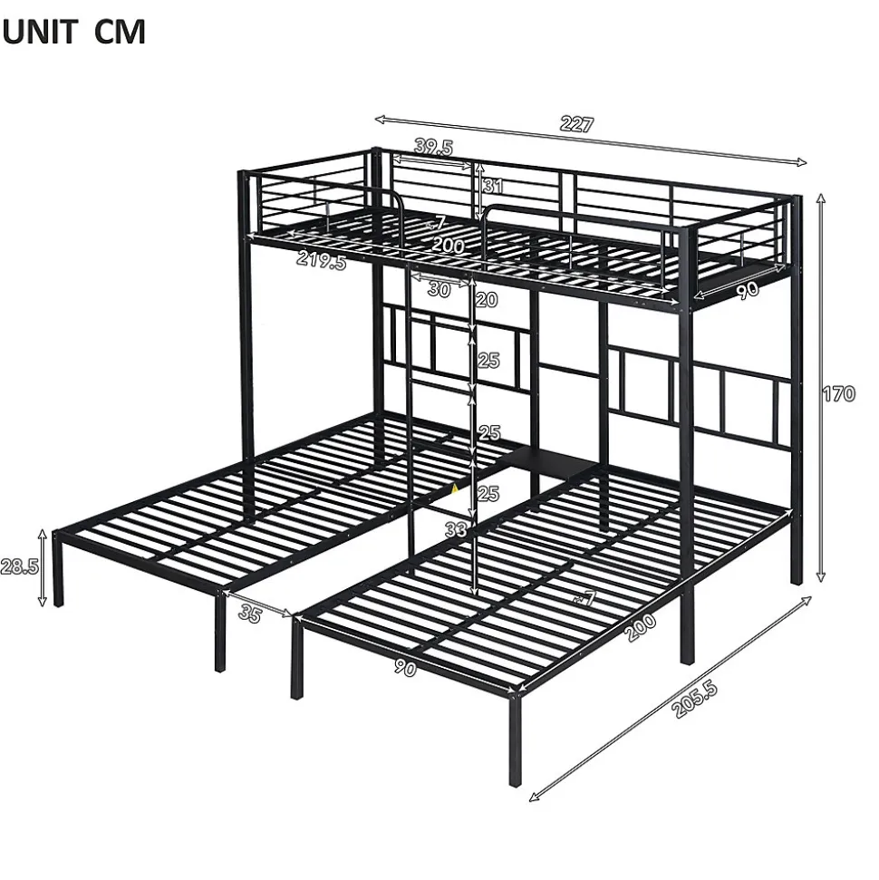 Lit superposé triple 90x200 cm en métal avec échelle intégrée et tablette tête de lit, chambre enfant