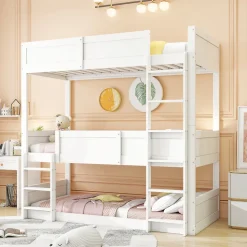 Lit superposé triple 90x200 cm avec rail haut - Transformable en 3 lits simples - Bois - Sans matelas - Blanc