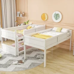 Lit superposé triple 90x200 cm avec rail haut - Transformable en 3 lits simples - Bois - Sans matelas - Blanc