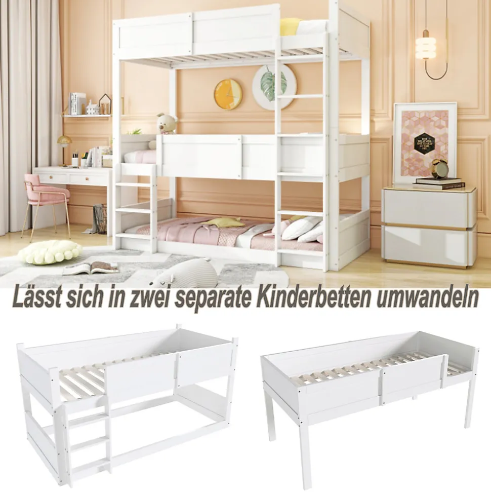 Lit superposé triple 90x200 cm avec rail haut - Transformable en 3 lits simples - Bois - Sans matelas - Blanc