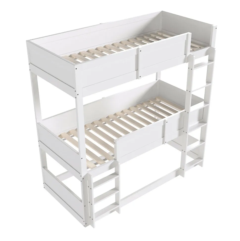 Lit superposé triple 90x200 cm avec rail haut - Transformable en 3 lits simples - Bois - Sans matelas - Blanc