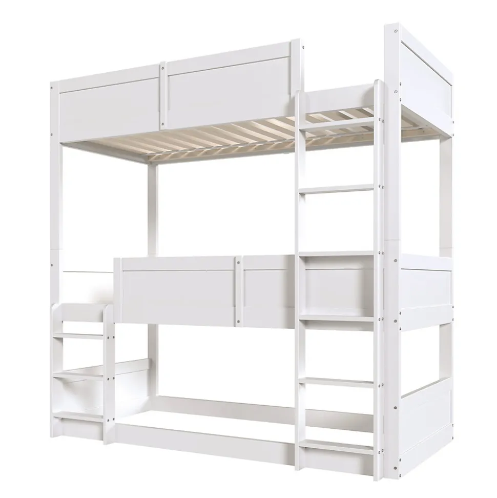 Lit superposé triple 90x200 cm avec rail haut - Transformable en 3 lits simples - Bois - Sans matelas - Blanc