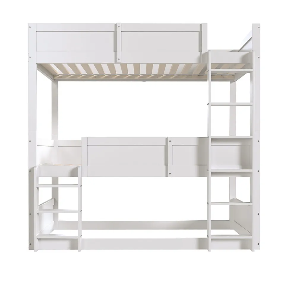 Lit superposé triple 90x200 cm avec rail haut - Transformable en 3 lits simples - Bois - Sans matelas - Blanc