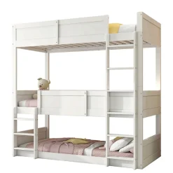Lit superposé triple 90x200 cm avec rail haut - Transformable en 3 lits simples - Bois - Sans matelas - Blanc