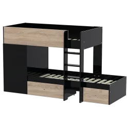 Lit superposé TWIN 90x190 avec armoire et tiroirs + 2 sommiers / Décor Chêne Blanchi et Noir