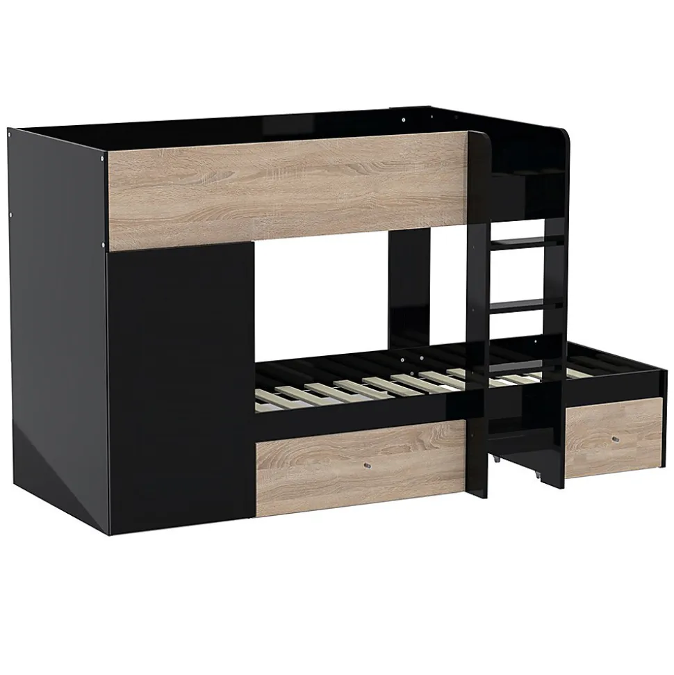 Lit superposé TWIN 90x190 avec armoire et tiroirs + 2 sommiers / Décor Chêne Blanchi et Noir