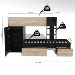 Lit superposé TWIN 90x190 avec armoire et tiroirs + 2 sommiers / Décor Chêne Blanchi et Noir