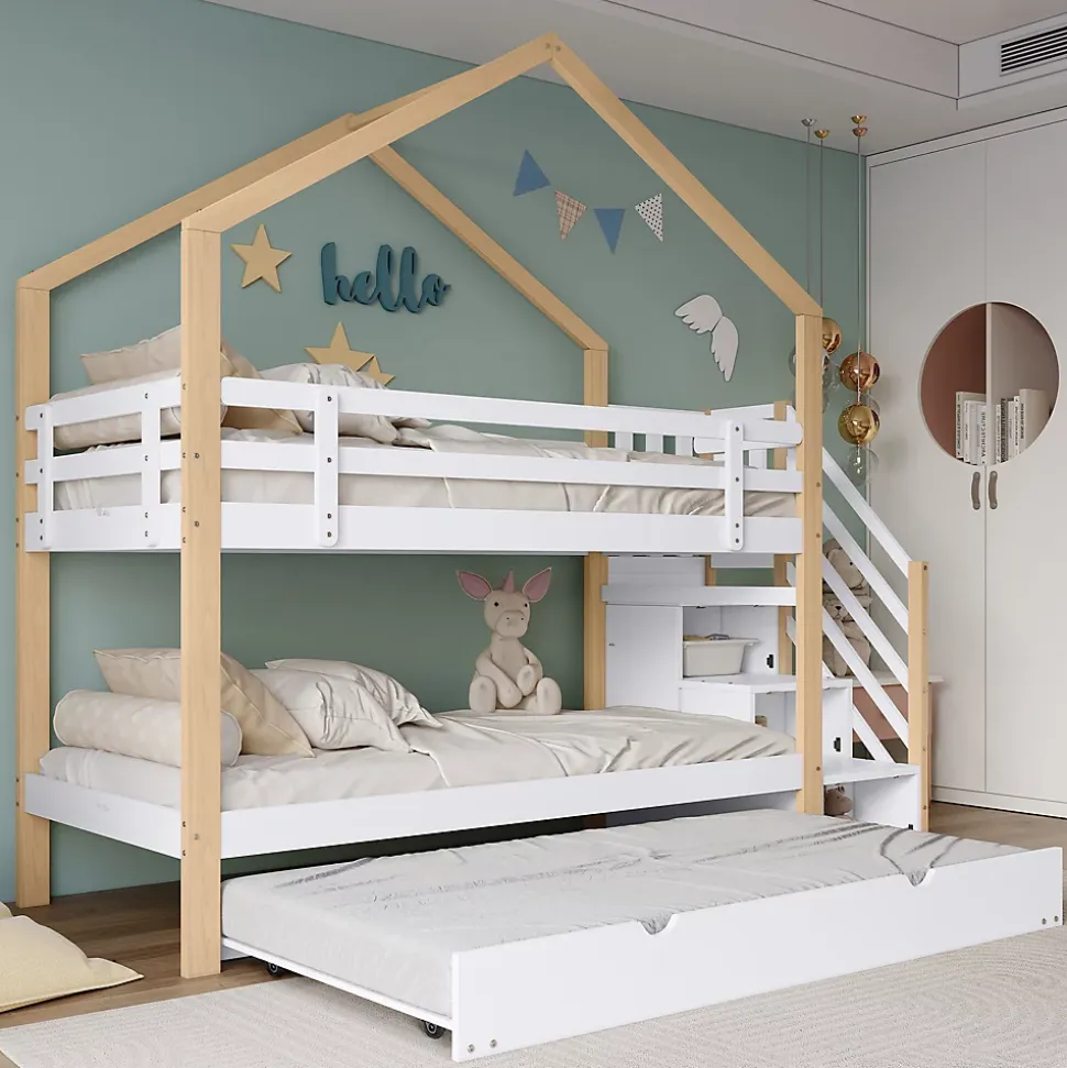 Lit Superposé 90x200 & 90x190 cm - Lit enfant avec Protection, Lit Cabane avec Échelle, Lit en Bois Naturel et Blanc, Sans Matelas