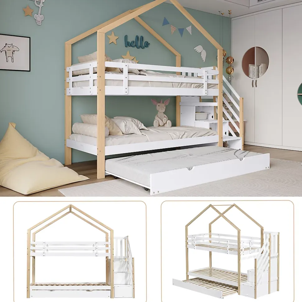 Lit Superposé 90x200 & 90x190 cm - Lit enfant avec Protection, Lit Cabane avec Échelle, Lit en Bois Naturel et Blanc, Sans Matelas