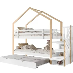 Lit Superposé 90x200 & 90x190 cm - Lit enfant avec Protection, Lit Cabane avec Échelle, Lit en Bois Naturel et Blanc, Sans Matelas