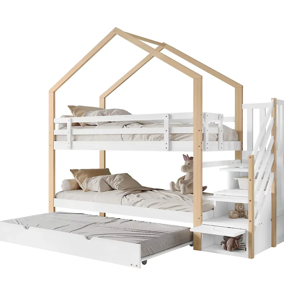 Lit Superposé 90x200 & 90x190 cm - Lit enfant avec Protection, Lit Cabane avec Échelle, Lit en Bois Naturel et Blanc, Sans Matelas