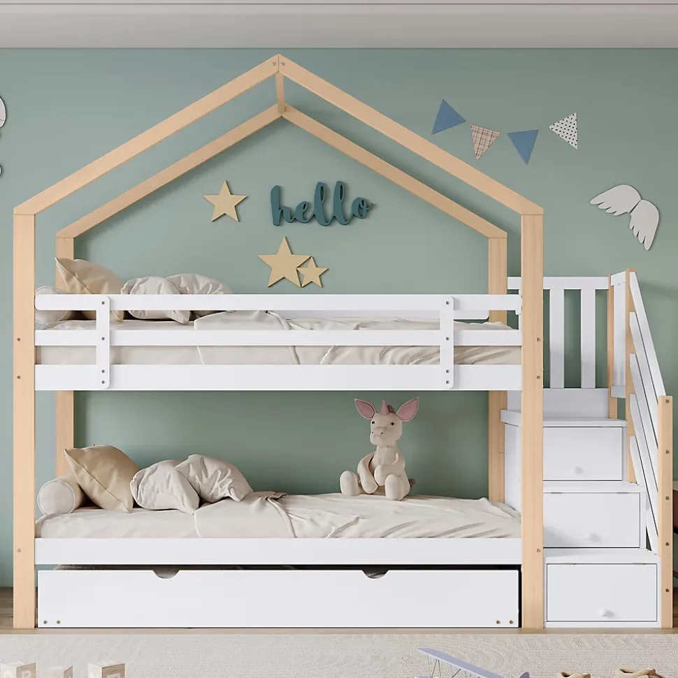 Lit Superposé 90x200 & 90x190 cm - Lit enfant avec Protection, Lit Cabane avec Échelle, Lit en Bois Naturel et Blanc, Sans Matelas