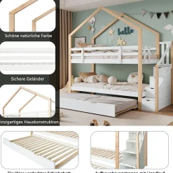 Lit Superposé 90x200 & 90x190 cm - Lit enfant avec Protection, Lit Cabane avec Échelle, Lit en Bois Naturel et Blanc, Sans Matelas