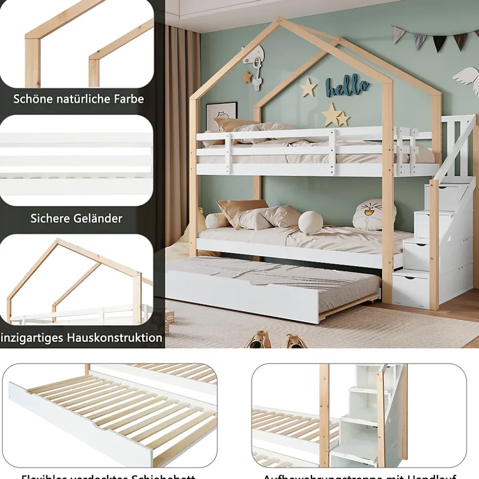 Lit Superposé 90x200 & 90x190 cm - Lit enfant avec Protection, Lit Cabane avec Échelle, Lit en Bois Naturel et Blanc, Sans Matelas
