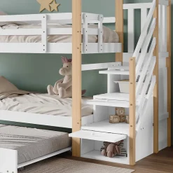 Lit Superposé 90x200 & 90x190 cm - Lit enfant avec Protection, Lit Cabane avec Échelle, Lit en Bois Naturel et Blanc, Sans Matelas