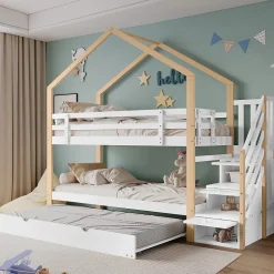 Lit Superposé 90x200 & 90x190 cm - Lit enfant avec Protection, Lit Cabane avec Échelle, Lit en Bois Naturel et Blanc, Sans Matelas