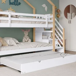 Lit Superposé 90x200 & 90x190 cm - Lit enfant avec Protection, Lit Cabane avec Échelle, Lit en Bois Naturel et Blanc, Sans Matelas