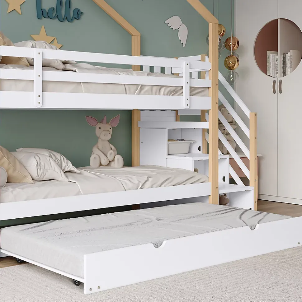 Lit Superposé 90x200 & 90x190 cm - Lit enfant avec Protection, Lit Cabane avec Échelle, Lit en Bois Naturel et Blanc, Sans Matelas