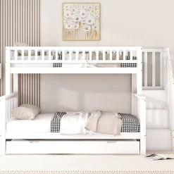 Lit superposé 90x200 / 140x200 cm avec lit gigogne et sommier à lattes inclus en pin blanc