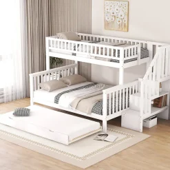 Lit superposé 90x200 / 140x200 cm avec lit gigogne et sommier à lattes inclus en pin blanc