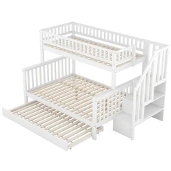 Lit superposé 90x200 / 140x200 cm avec lit gigogne et sommier à lattes inclus en pin blanc