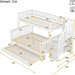 Lit superposé 90x200 / 140x200 cm avec lit gigogne et sommier à lattes inclus en pin blanc