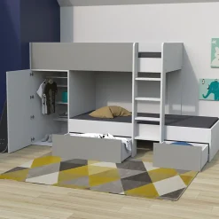 Lit superposé 90x190 avec armoire et tiroirs TWEEL Gris et Blanc incl. 2 sommiers
