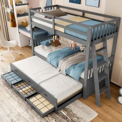 Lit Superposé 90x200 Cm - avec Lit Gigogne et 3 Tiroirs, Sans Matelas - Pin et MDF, Gris