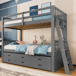 Lit Superposé 90x200 Cm - avec Lit Gigogne et 3 Tiroirs, Sans Matelas - Pin et MDF, Gris