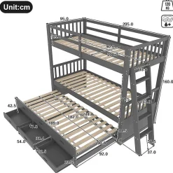 Lit Superposé 90x200 Cm - avec Lit Gigogne et 3 Tiroirs, Sans Matelas - Pin et MDF, Gris