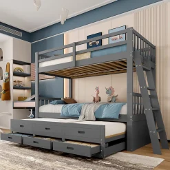 Lit Superposé 90x200 Cm - avec Lit Gigogne et 3 Tiroirs, Sans Matelas - Pin et MDF, Gris