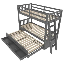 Lit Superposé 90x200 Cm - avec Lit Gigogne et 3 Tiroirs, Sans Matelas - Pin et MDF, Gris