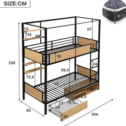 Lit superposé 90x200 cm - Lit avec échelle large et rangements latéraux - Métal + MDF - Sans matelas - Noir