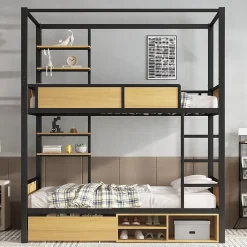 Lit superposé 90x200 cm - Lit avec échelle large et rangements latéraux - Métal + MDF - Sans matelas - Noir