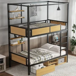 Lit superposé 90x200 cm - Lit avec échelle large et rangements latéraux - Métal + MDF - Sans matelas - Noir