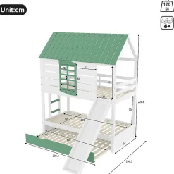 Lit superposé 90x200 cm - Lit avec Rutsche et lit escamotable - MDF et Pin - Sans matelas - Vert