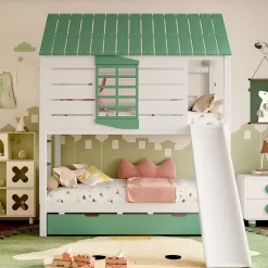 Lit superposé 90x200 cm - Lit avec Rutsche et lit escamotable - MDF et Pin - Sans matelas - Vert