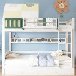 Lit Superposé 90x200 cm - Lit Cabane enfant avec Petite Tente, Échelle et 2 Tiroirs à Roulettes, Bois de Pin, Blanc, Sans Matelas