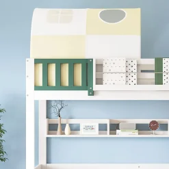 Lit Superposé 90x200 cm - Lit Cabane enfant avec Petite Tente, Échelle et 2 Tiroirs à Roulettes, Bois de Pin, Blanc, Sans Matelas