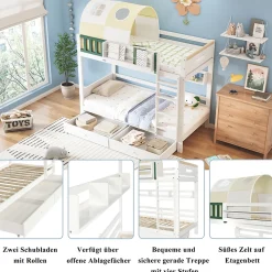 Lit Superposé 90x200 cm - Lit Cabane enfant avec Petite Tente, Échelle et 2 Tiroirs à Roulettes, Bois de Pin, Blanc, Sans Matelas
