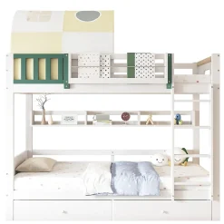 Lit Superposé 90x200 cm - Lit Cabane enfant avec Petite Tente, Échelle et 2 Tiroirs à Roulettes, Bois de Pin, Blanc, Sans Matelas